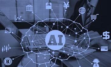Digital illustration of AI with interconnected icons representing technology, finance, and communication.