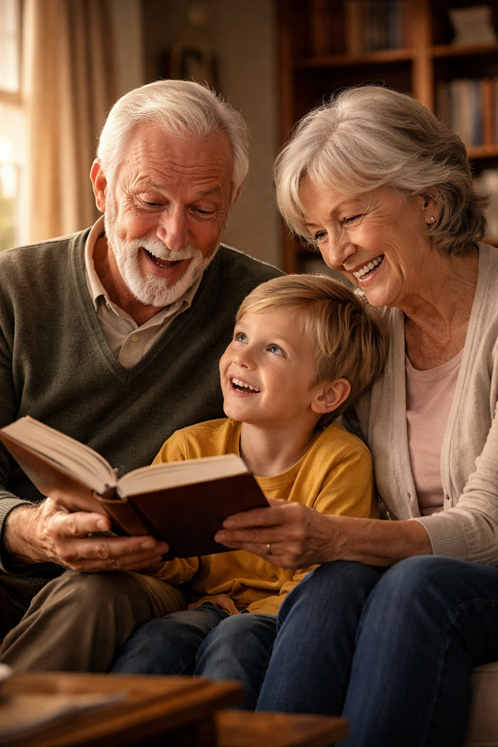 An elderly couple and a young boy sitting together, reading a book and smiling in a cozy living room.