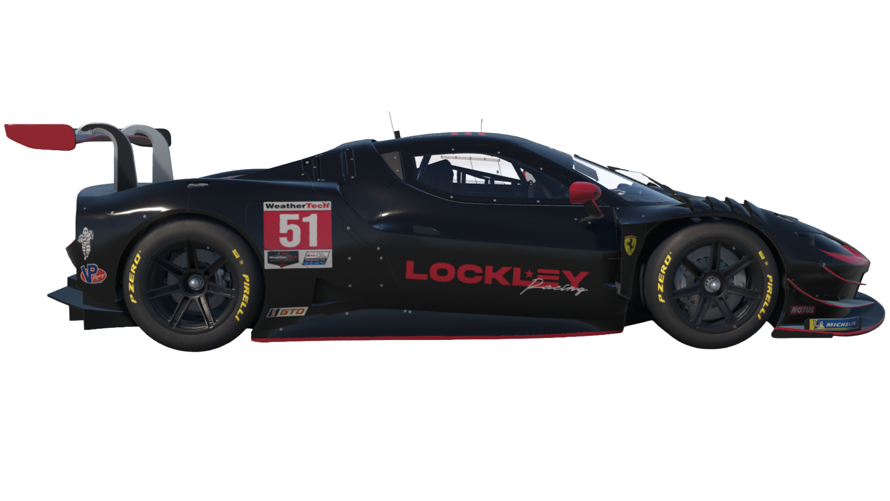 Black race car with racing decals, the number 51, and a large rear wing.