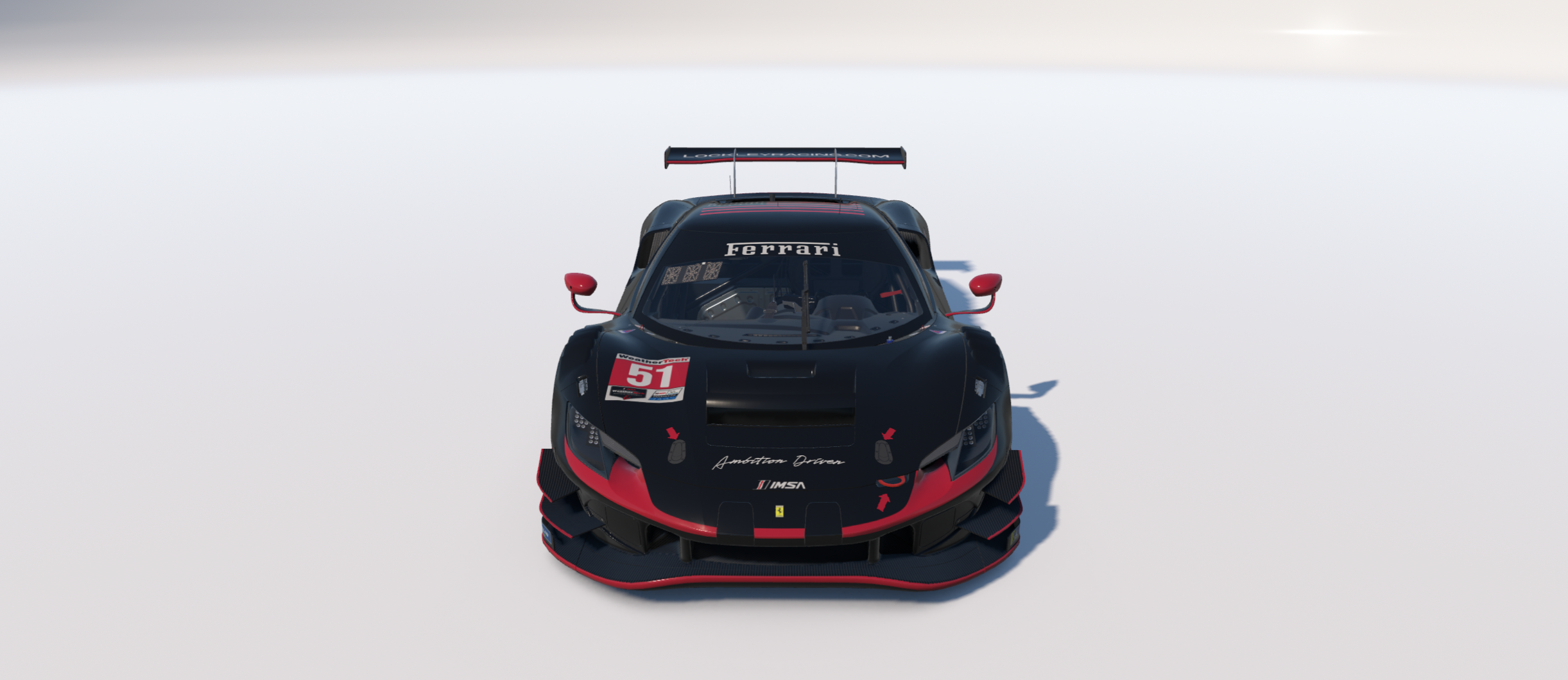 Front view of a black and red race car with a large rear wing, racing number 51, and sponsor logos, on a plain white background.