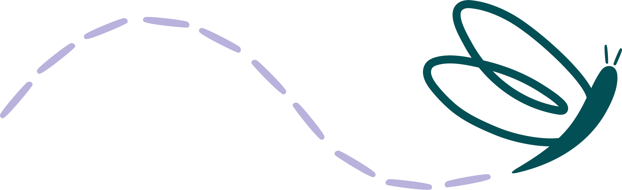 Stylized teal dragonfly with two overlapping wings and antennae flies in from the right, leaving a curved, dashed lavender flight trail across a light blue background.