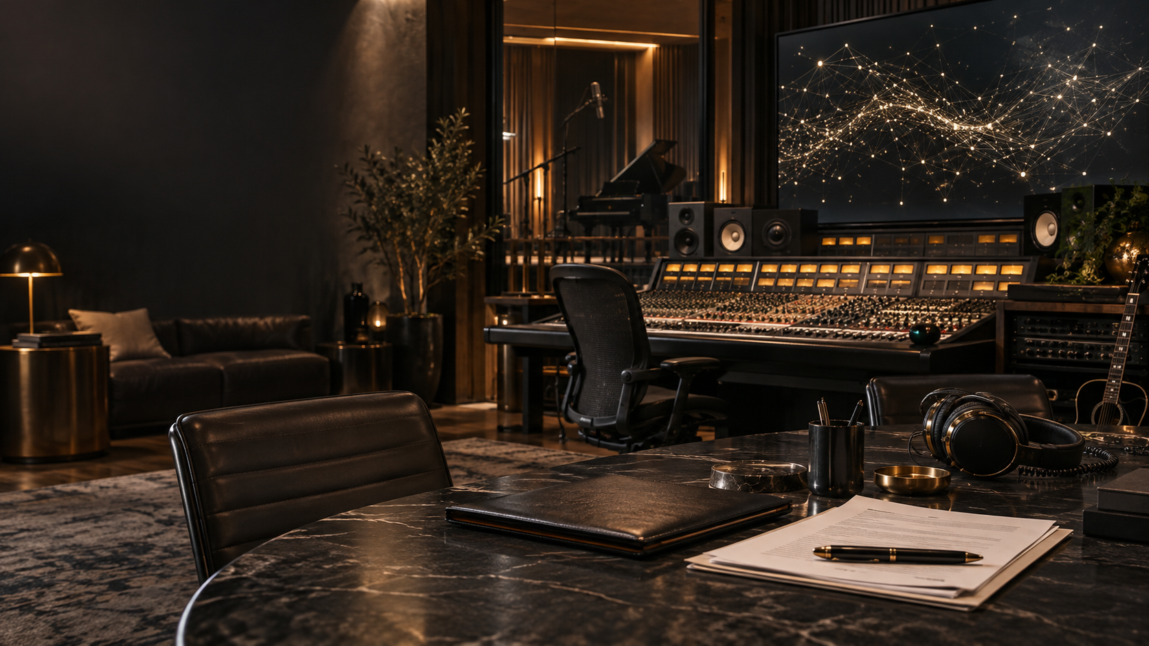 Recording studio, business contracts, and abstract AI network representing Masciantonio Law