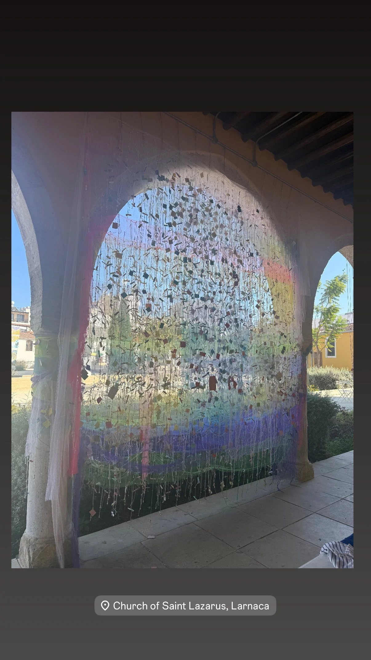 Colorful stained glass window with abstract design at Church of Saint Lazarus in Larnaca