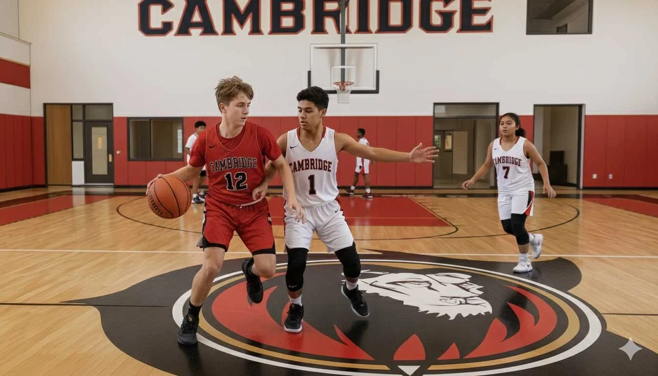 Three basketball players in a gym, two from Cambridge, competing for the ball, with a large 'CAMBRIDGE' sign on the wall behind them and a lion logo on the court.