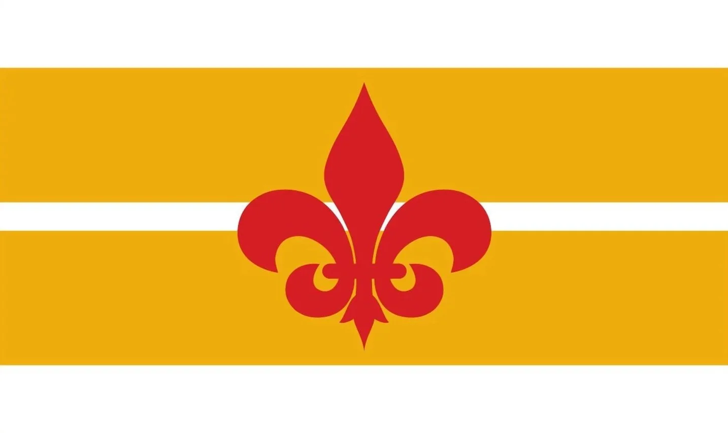A house flag at the Cambridge School of Dallas with yellow background, white horizontal stripes, and a red fleur-de-lis in the center.