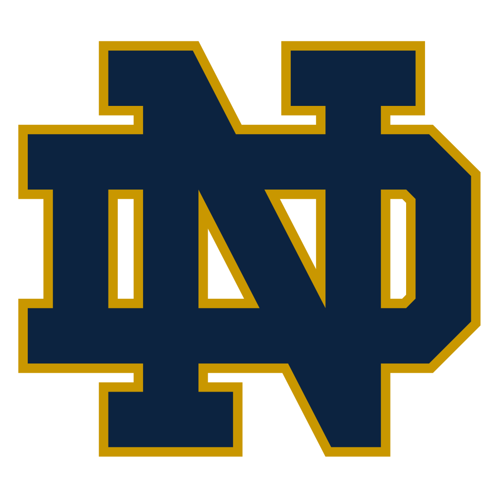 Notre Dame logo with large navy blue letters outlined in gold.
