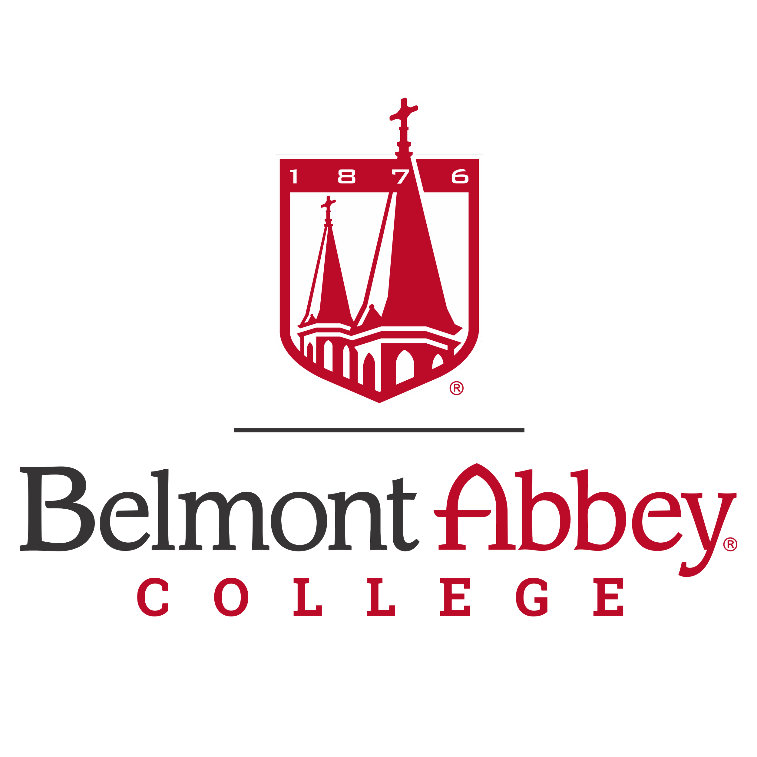 Belmont Abbey College logo featuring a shield with a church steeple and the year 1876, with the college name below.