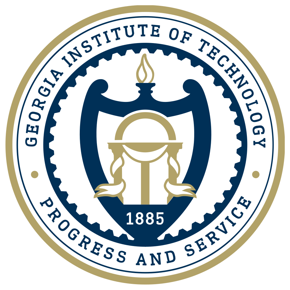 Seal of the Georgia Institute of Technology featuring a candle, gear, and laurel. Text reads 'Georgia Institute of Technology, Progress and Service, 1885'.