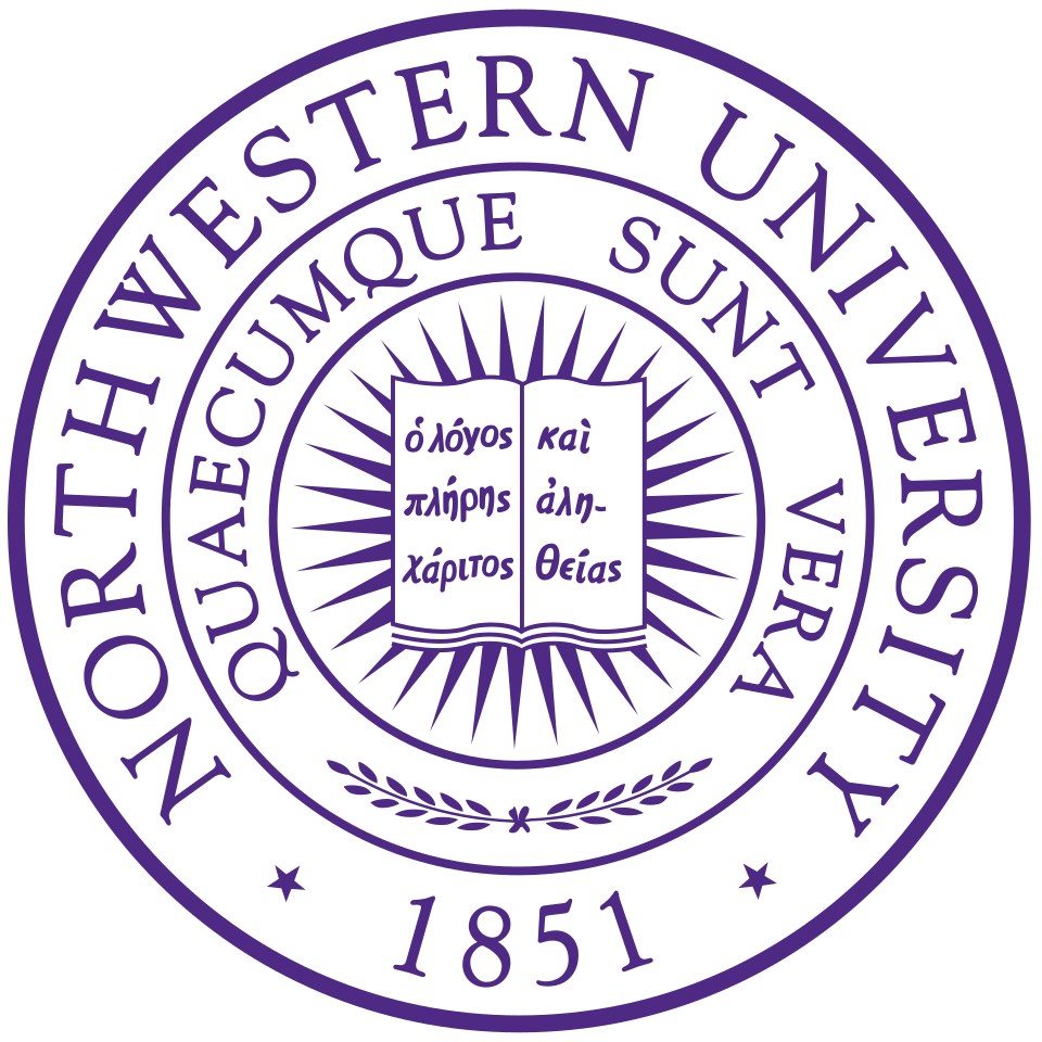 Seal of the Northwestern University in Illinois with Greek text and a sunburst design surrounding an open book.