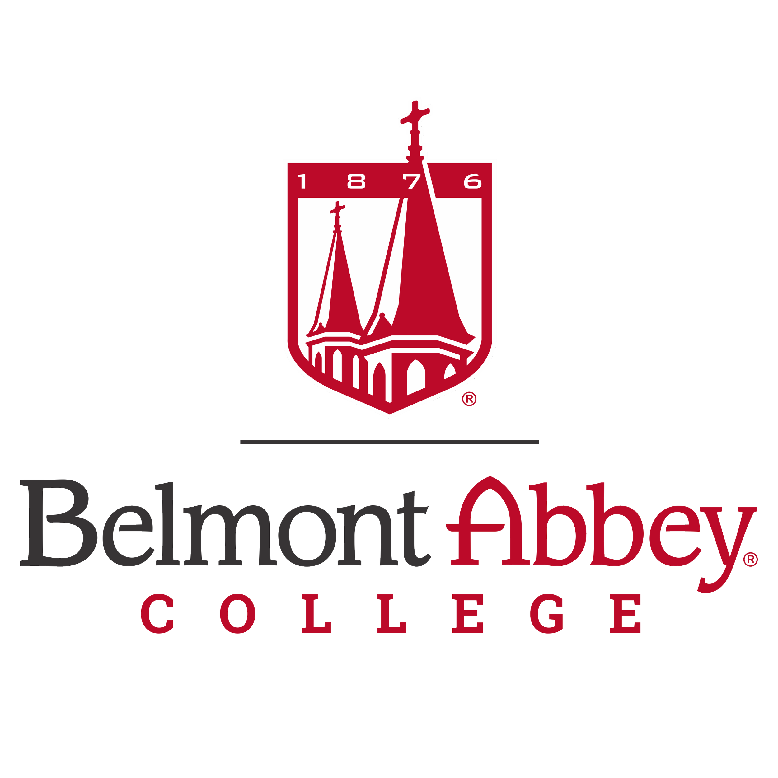 Belmont Abbey College logo with red and black text and a shield featuring a church steeple.