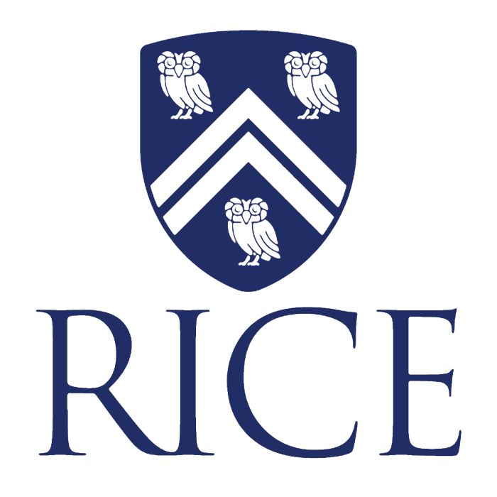 A shield emblem with three owls, two positioned at the top and one at the bottom, with chevron stripes in between, accompanied by the word "RICE" below the emblem.