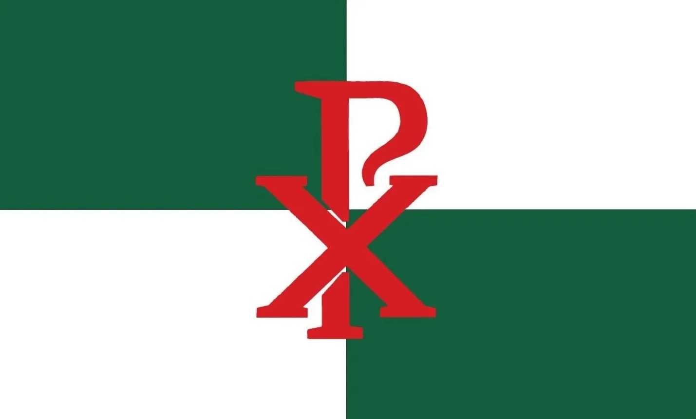 An abstract background with four quadrants in green and white, with a Chi-Rho symbol in the middle. House flag of Constantine at the Cambridge School of Dallas.