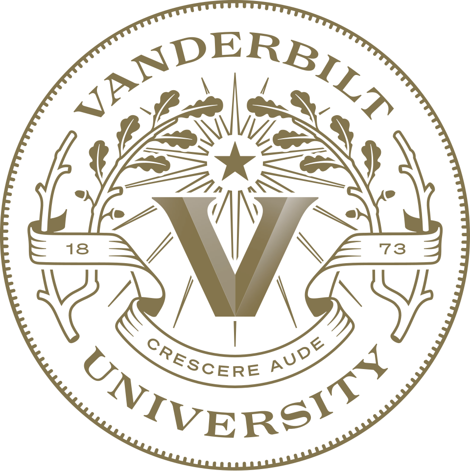 An emblem with the words 'Vanderbilt University' at the top and bottom, a large letter 'V' in the center, surrounded by a star, rays, and olive branches, with the Latin phrase 'Crescite Aude' below the 'V', and the numbers '1873' on either side.