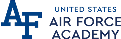 United States Air Force Academy logo with blue letters A F over a dark blue background.