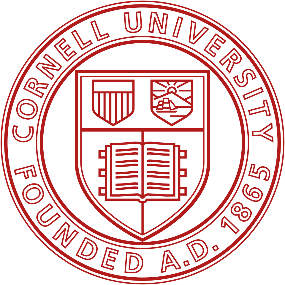 Seal of Cornell University with the university's name, founding year 1865, and symbols of a shield, an open book, a shield with stripes and a lighthouse.