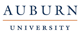 Auburn University logo with the name in blue text and an orange line, on a white background.