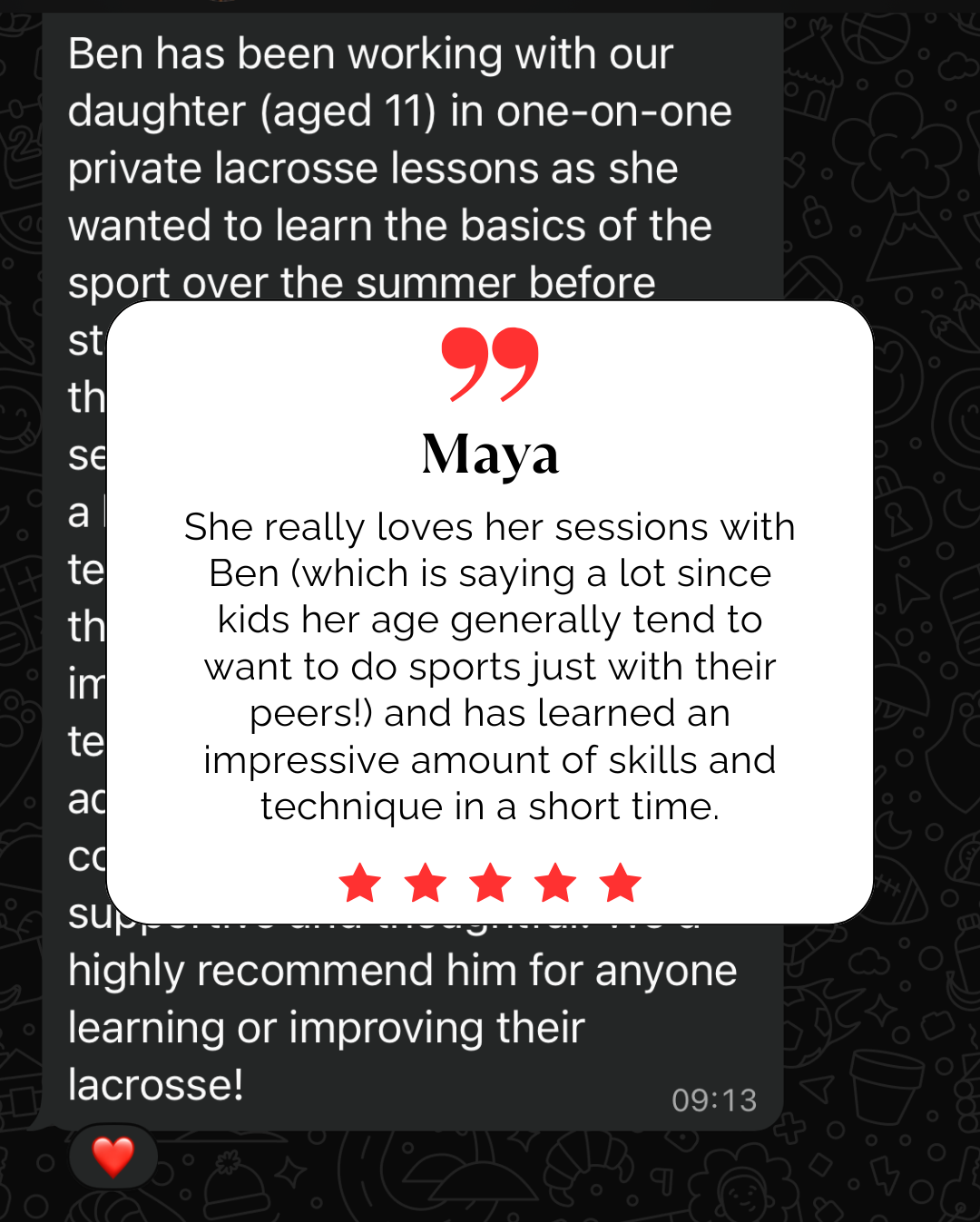 Five-star testimonial from a parent about private lacrosse coaching.