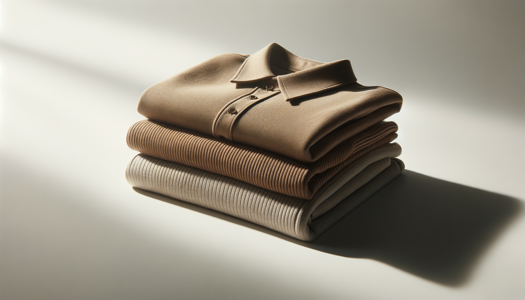 A neatly folded stack of four beige, brown, and cream-colored sweaters and a polo shirt on top, placed against a plain background with soft lighting.