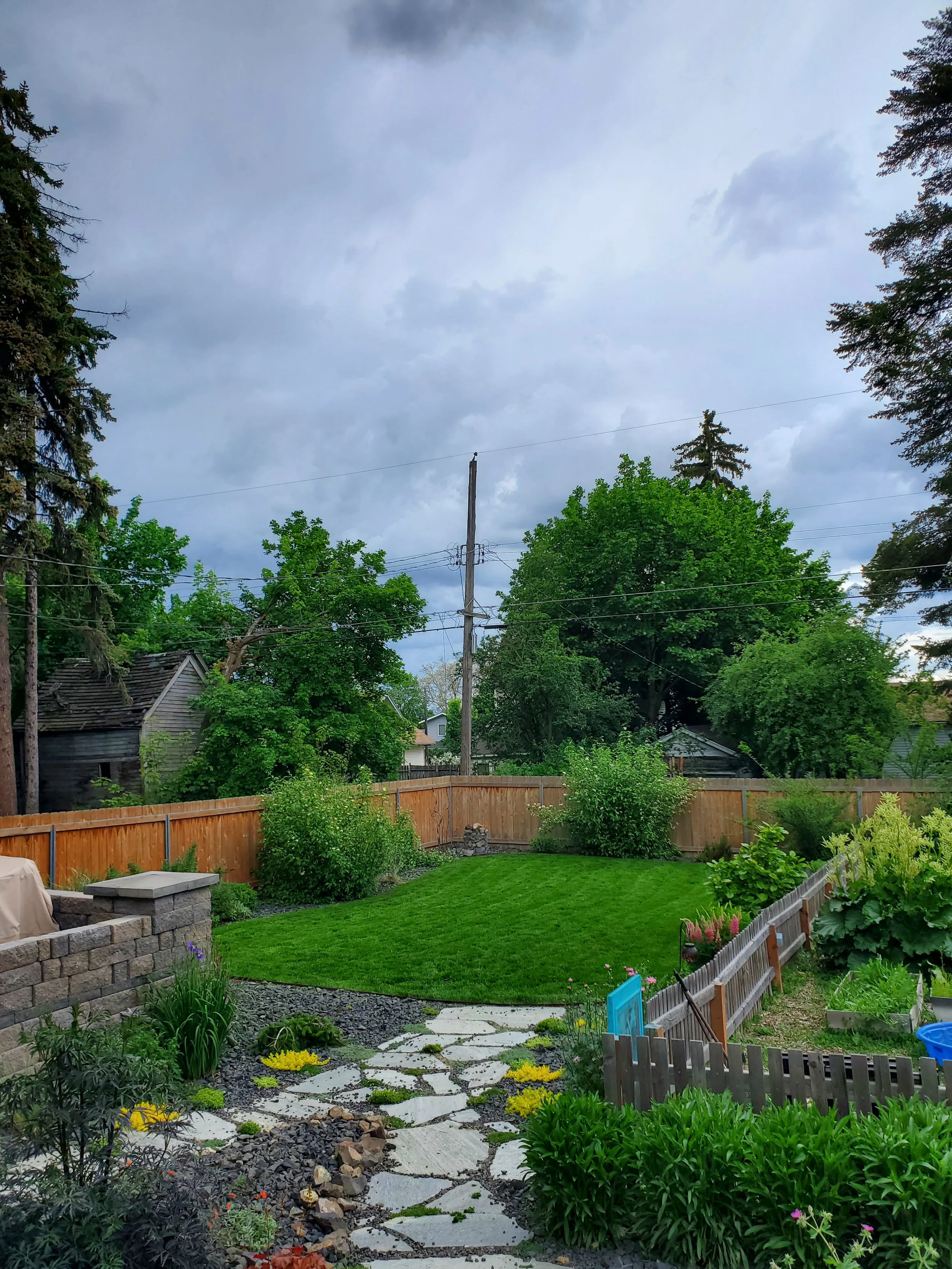 A backyard with a curved grassy lawn, stone pathway, lush green plants, and a wooden fence. Dark clouds cover the sky.