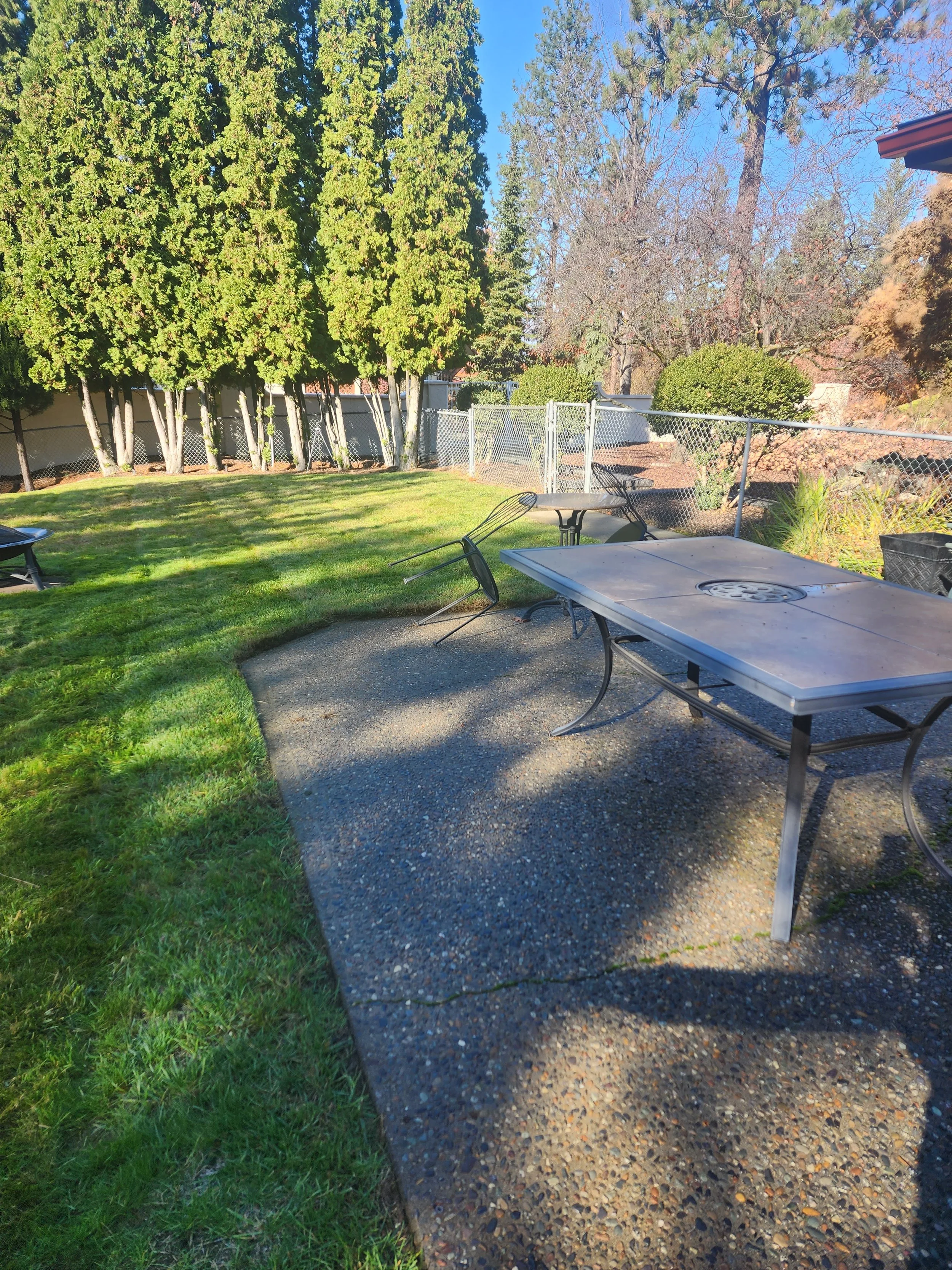 Backyard patio with metal table and chairs, chain-link fence, grass, and tall trees.