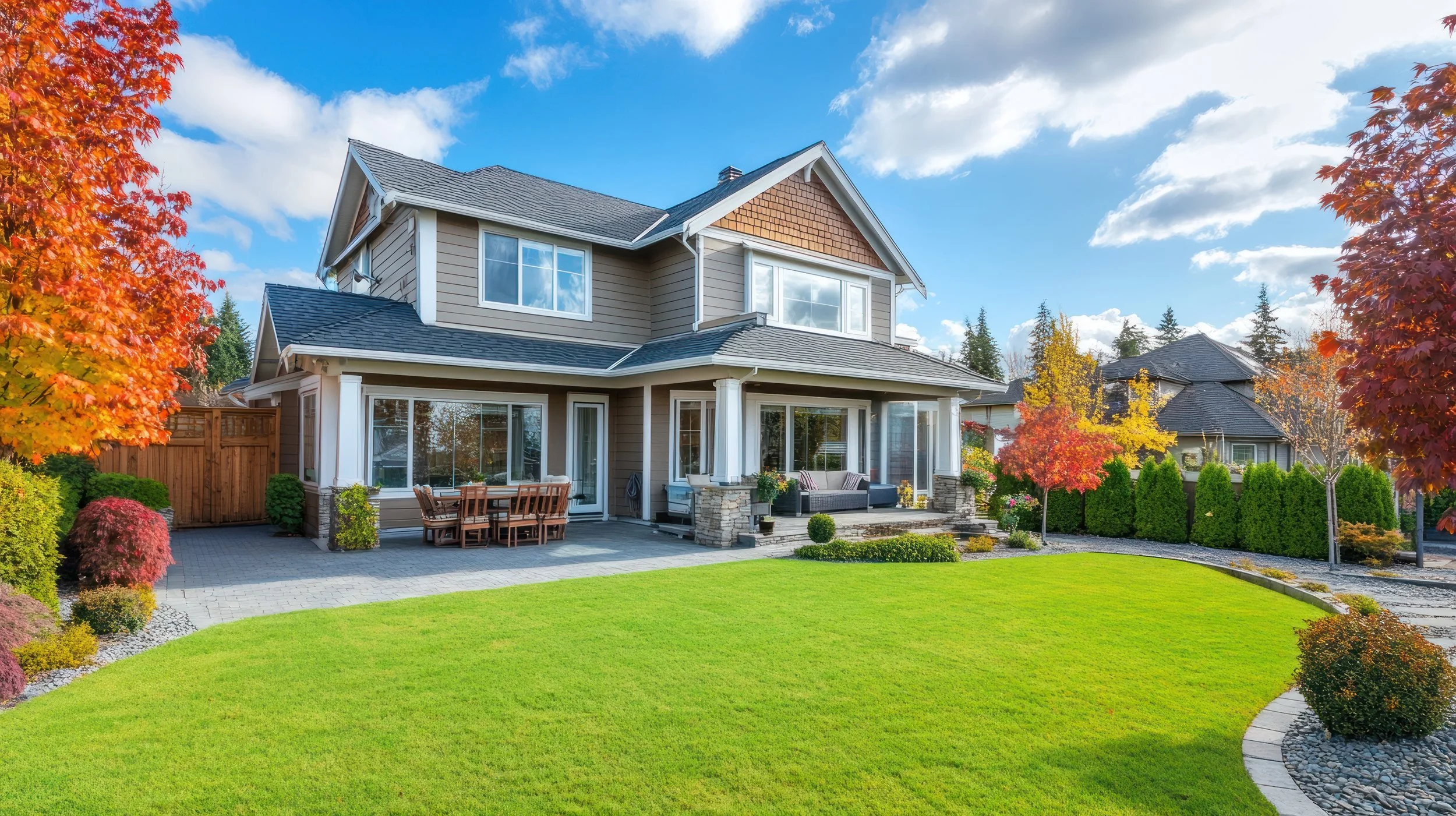 Beautiful suburban house with a well-maintained lawn, colorful autumn trees, and a patio with outdoor furniture under a partly cloudy sky.