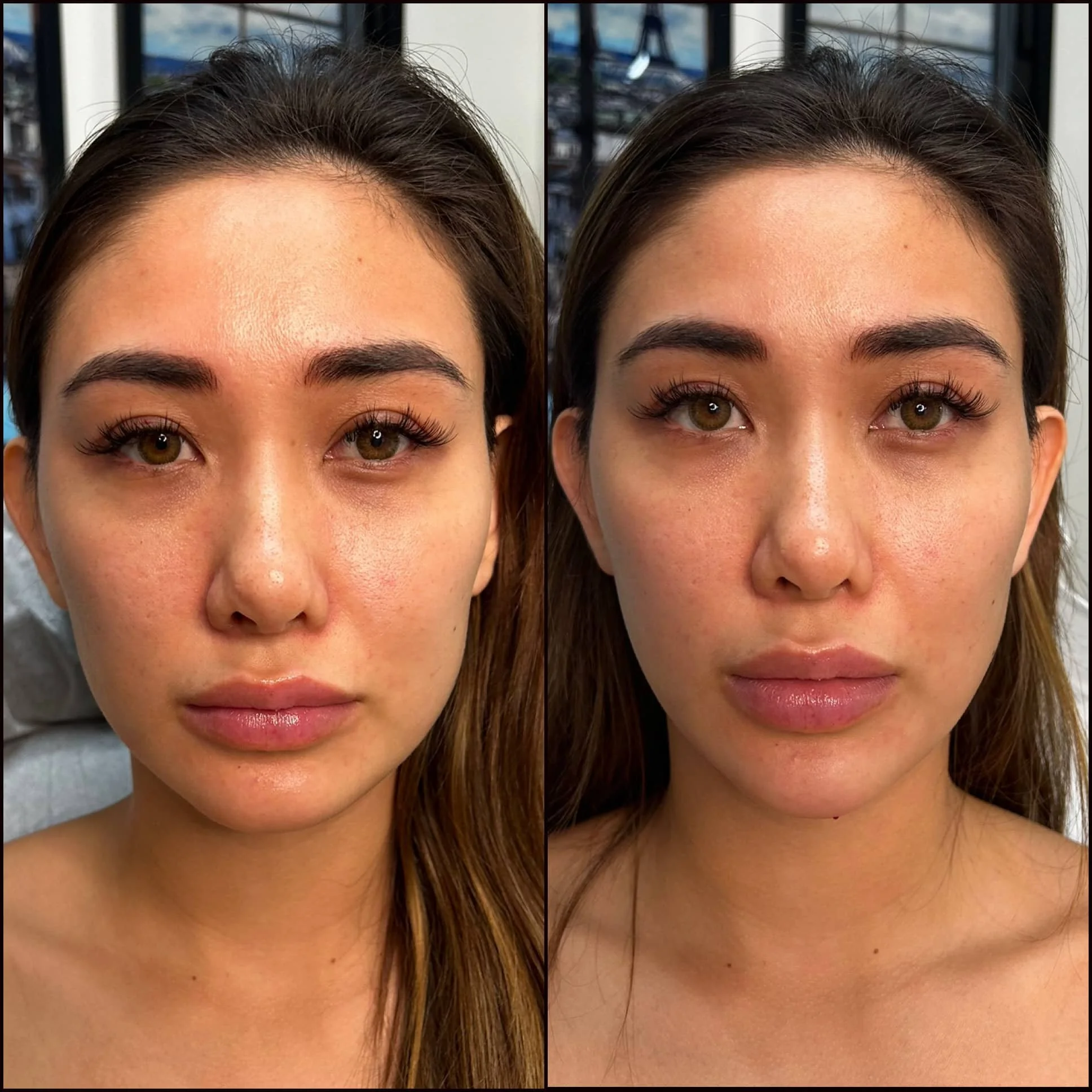Side-by-side comparison of a woman’s face before and after makeup application, showing improved skin texture and enhanced eye makeup.
