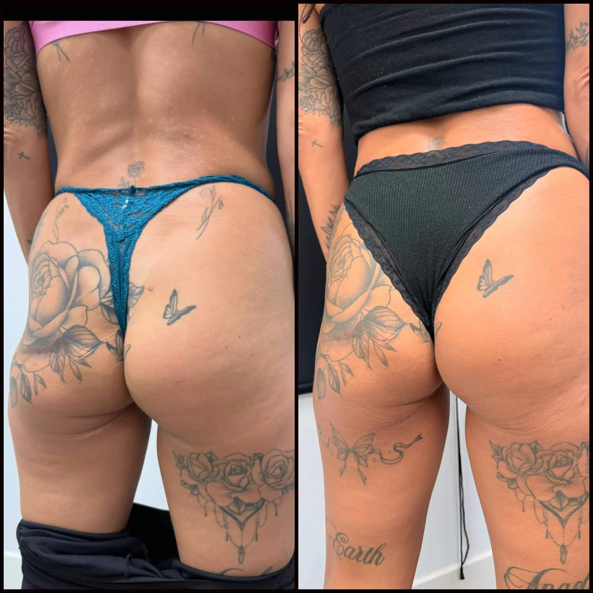 Comparative image of a woman from the back, showcasing tattoos and wearing lace underwear. The left side features blue lace underwear, and the right side features black lace underwear, both revealing tattoos of flowers, a butterfly, a snake, and the 
