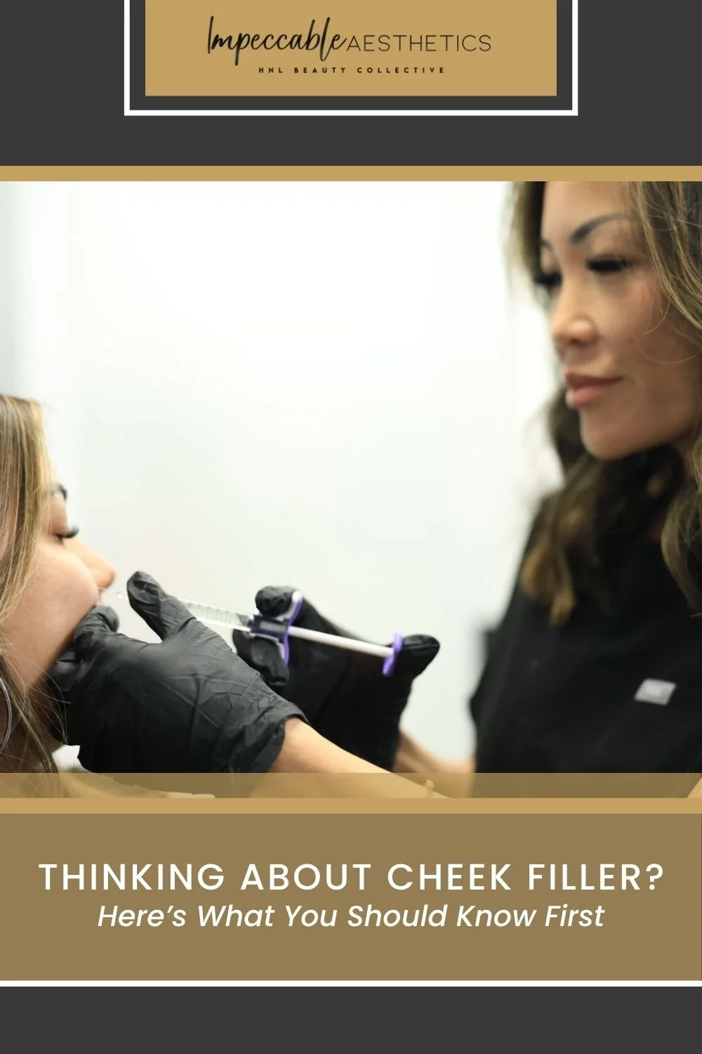 Impeccable Aesthetics graphic showing a filler treatment with the title Thinking About Cheek Filler