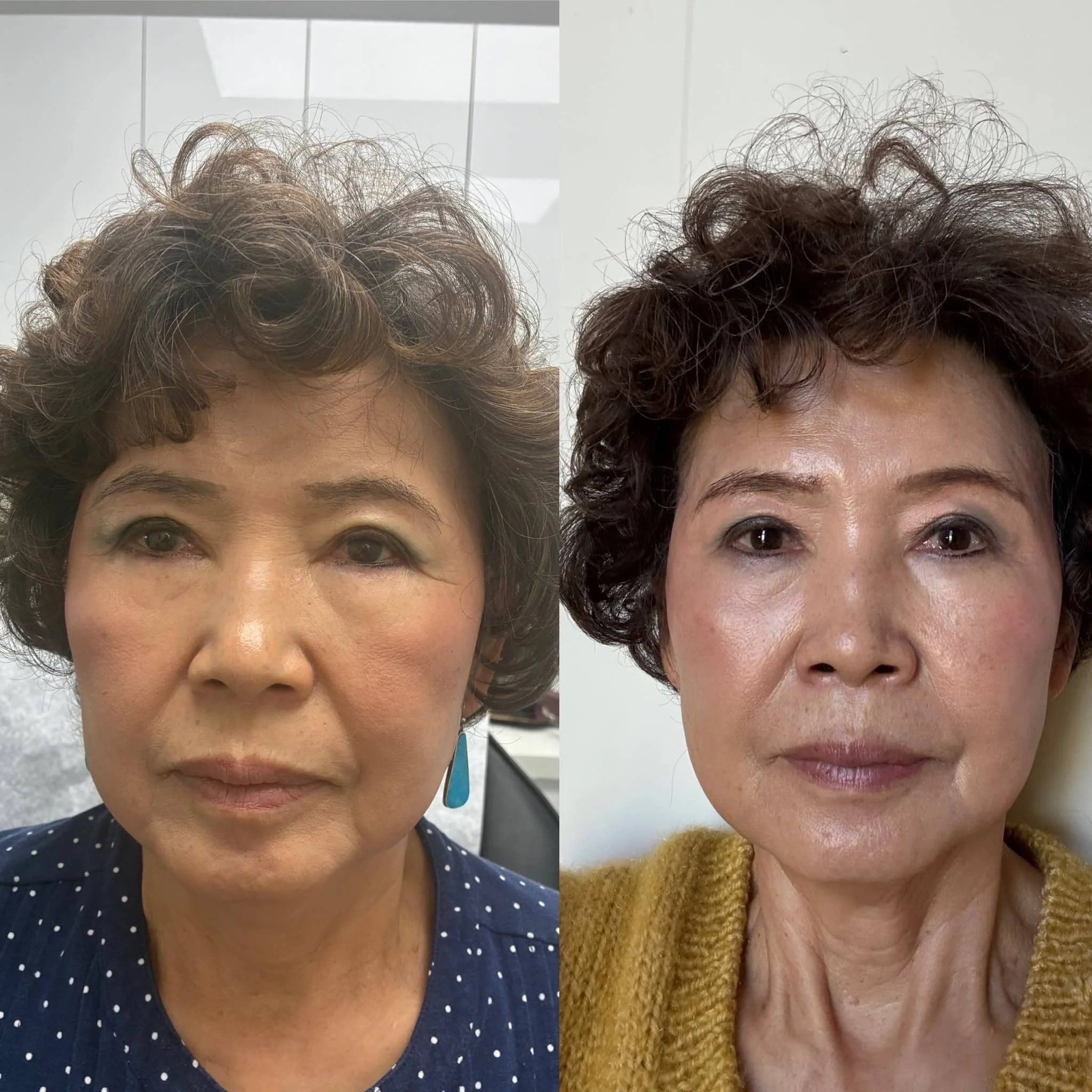 Side-by-side comparison of a woman before and after a makeover, showing different hairstyles, makeup, and clothing.