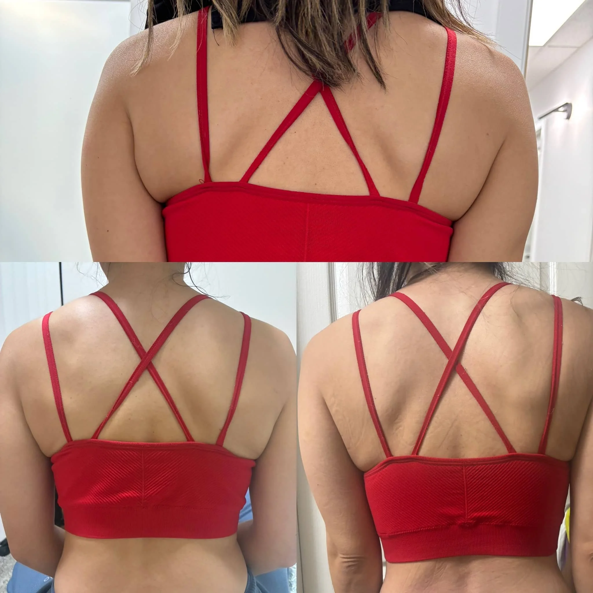Three women wearing red strappy tops, shown from the front and back.