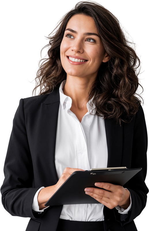 A smiling woman in a black blazer and white shirt holding a clipboard.