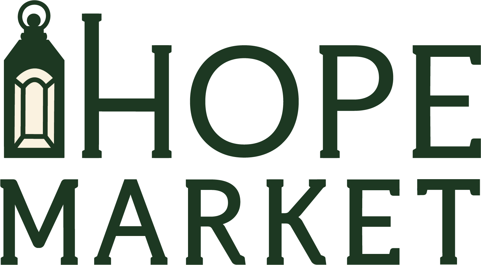 Logo of Hope Market featuring a lantern icon and green text
