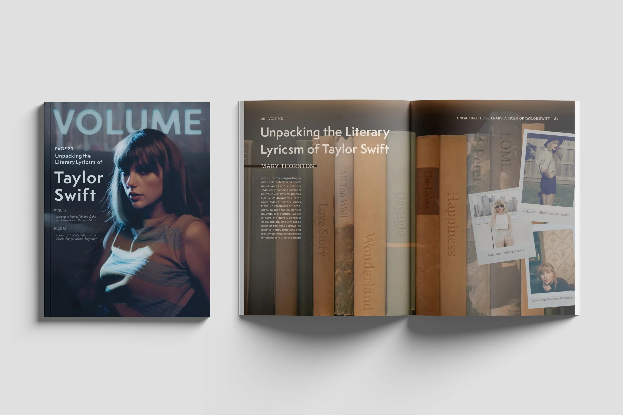 Magazine cover featuring Taylor Swift with the title 'VOLUME' and a feature article called 'Unpacking the Literary Lyricism of Taylor Swift.' The pages display a photograph of Taylor Swift in a white top, along with images of her in different setting