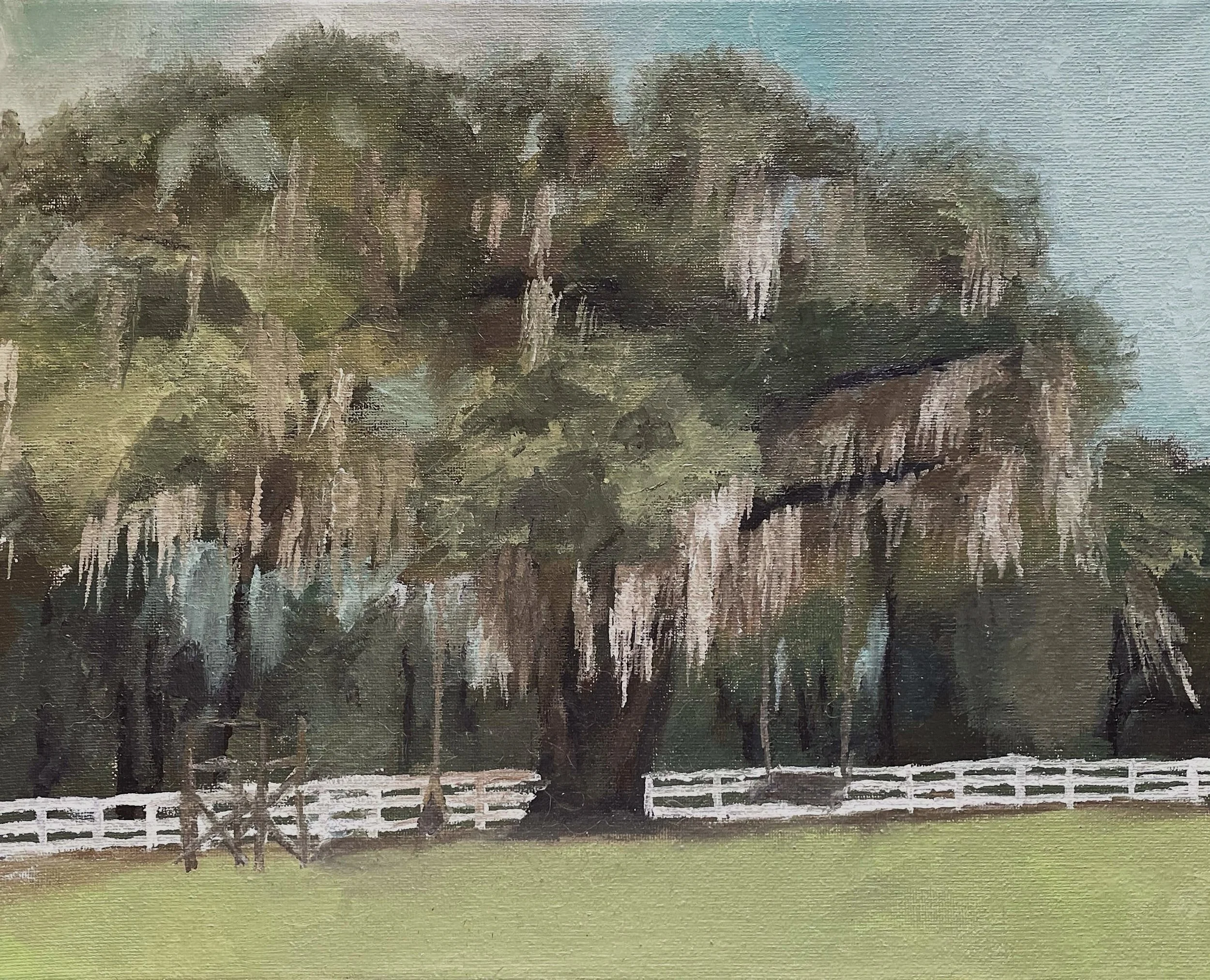 Painting of a large tree with Spanish moss hanging from its branches, a white fence at the base, and a green grassy area in the foreground.