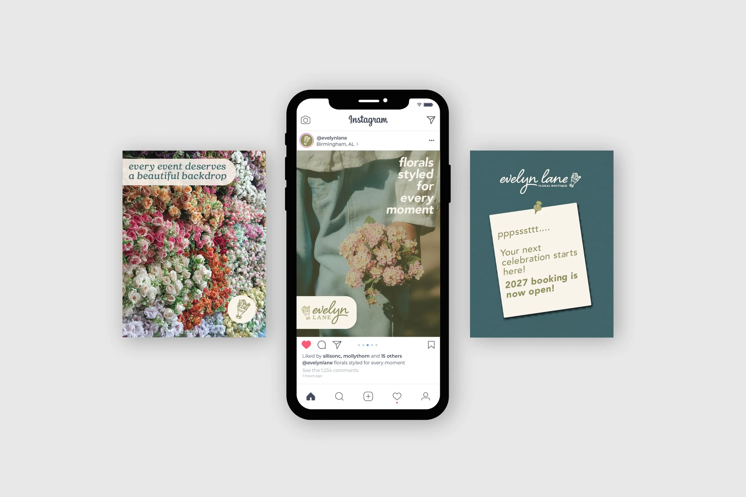 Three promotional cards and a smartphone displaying an Instagram post for a floral boutique named Evelyn Lane. The left card shows a colorful assortment of flowers with the text 'every event deserves a beautiful backdrop.' The middle card features a 