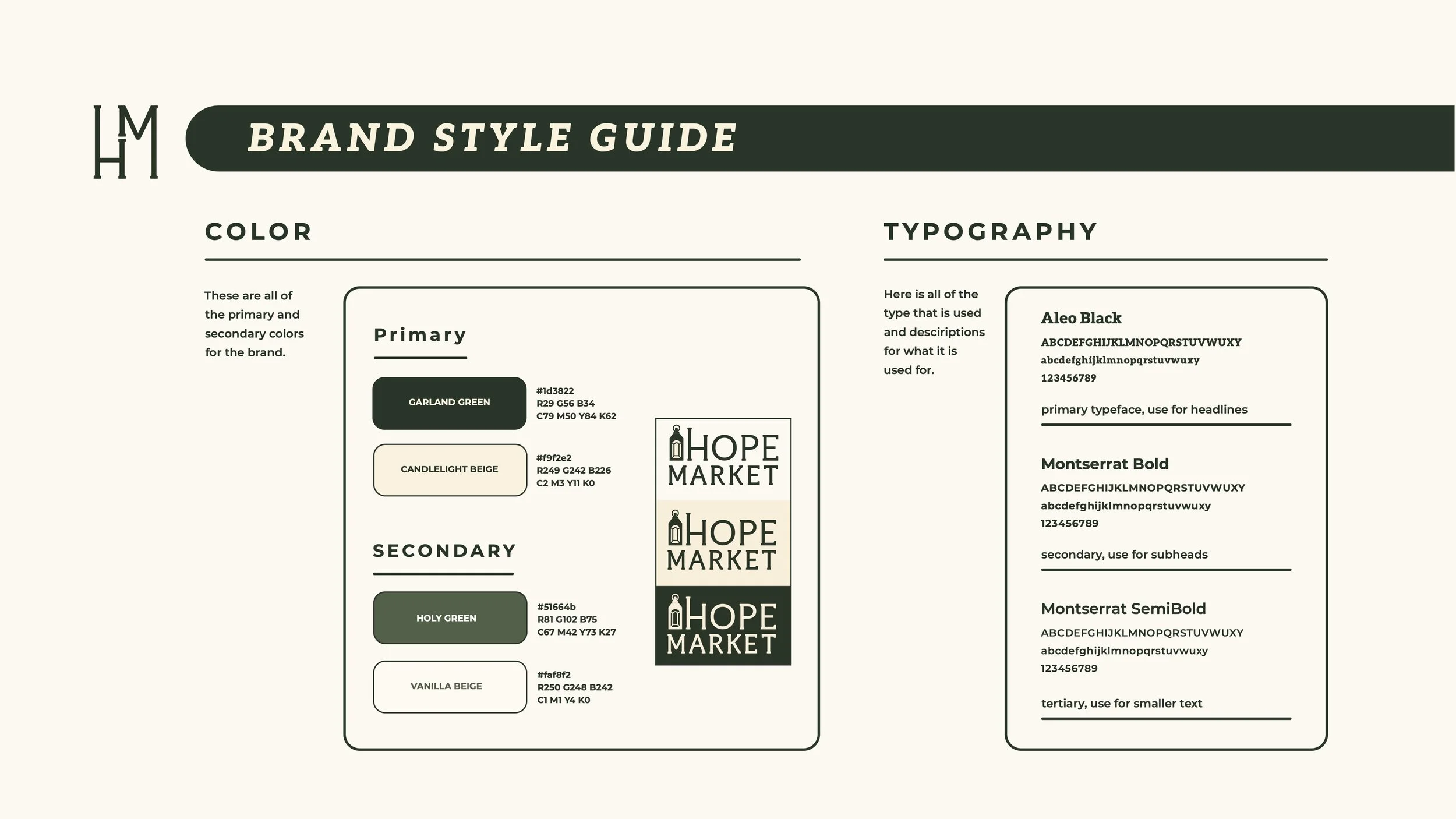 Brand style guide for Hope Market featuring color and typography details, with primary colors Garland Green and Candlelight Beige, secondary colors Holy Green and Vanilla Beige, and fonts Aleo Black, Montserrat Bold, and Montserrat SemiBold.