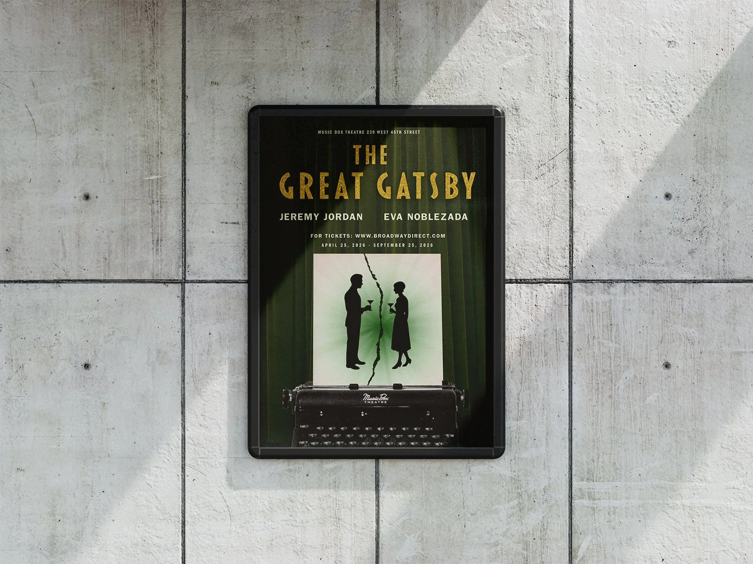 Framed poster of theater production of 'The Great Gatsby' displayed on a tiled wall, featuring silhouettes of a man and woman in conversation with a torn paper effect.