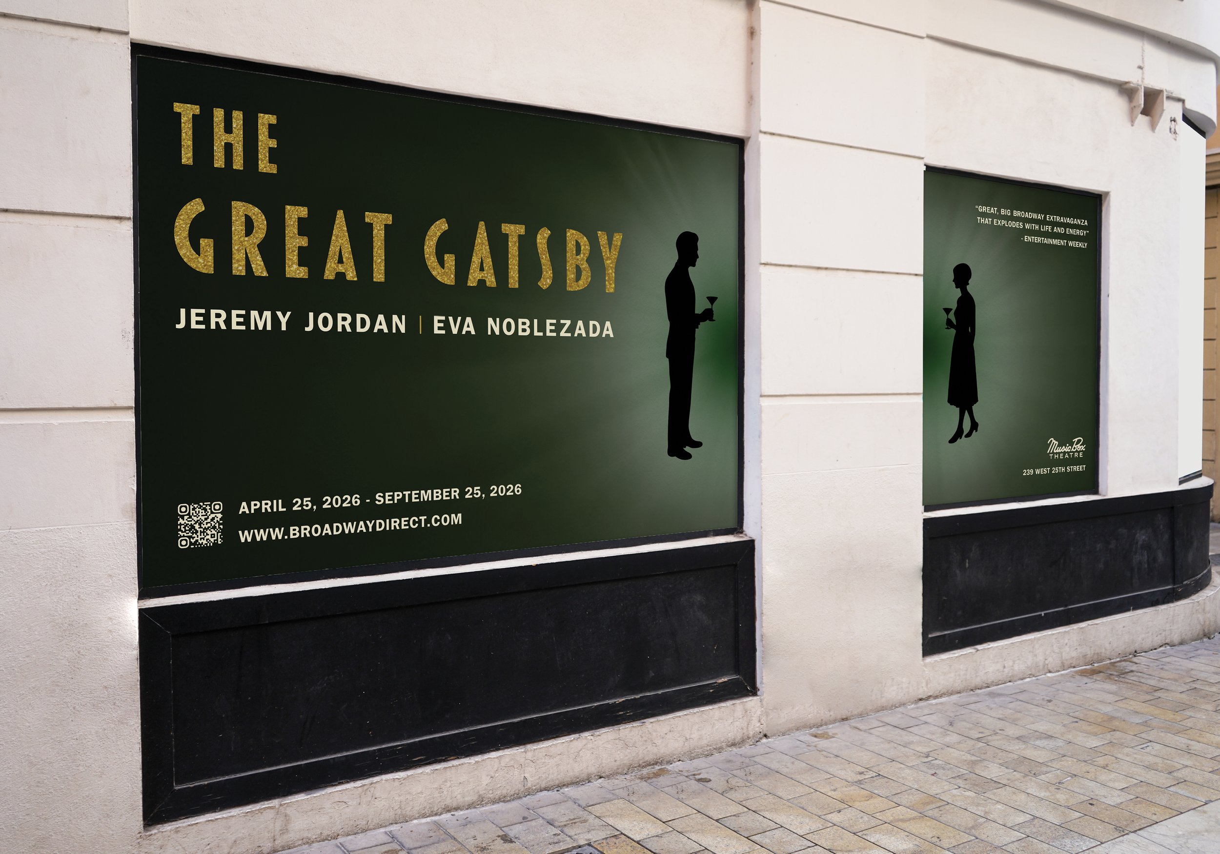 Two theater posters in store windows for the play "The Great Gatsby" featuring silhouettes of a man and a woman, with details about the show dates, cast, and venue.