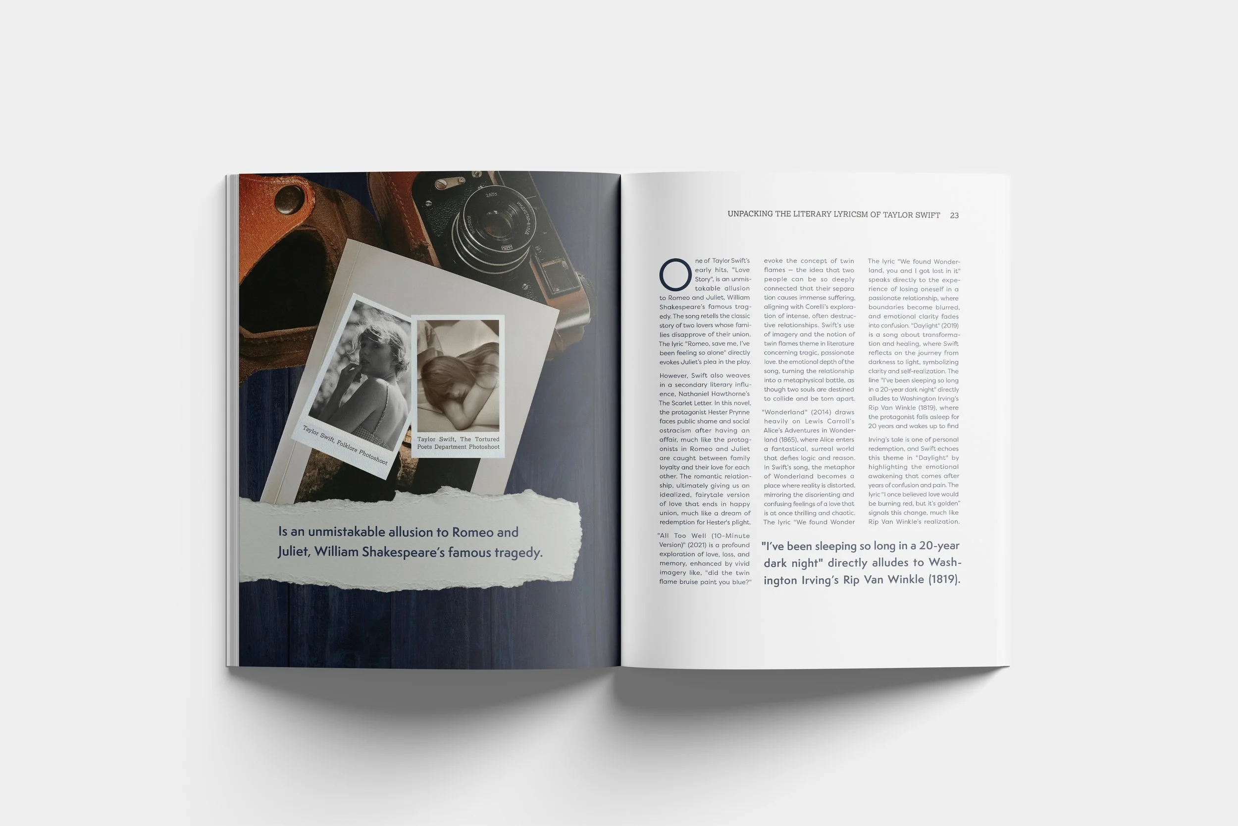 Open book with two pages displayed. The left page shows a photograph of a vintage camera, a brown leather bag, and two black and white photographs of women, one with curly hair and one with straight hair, along with a torn piece of paper with the cap