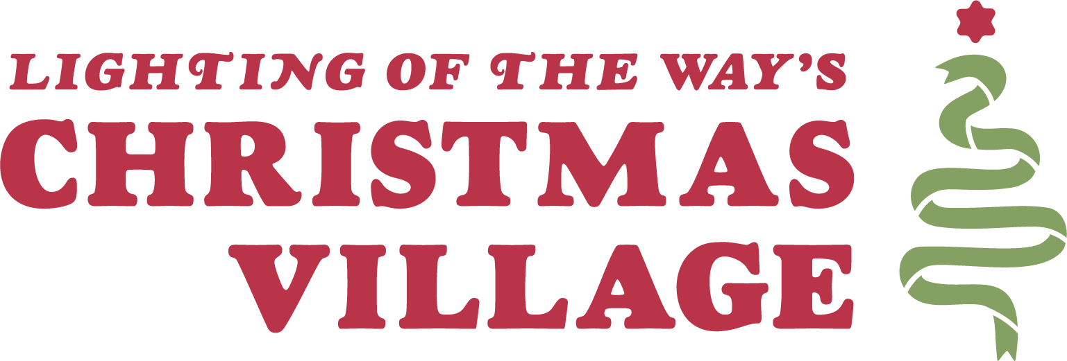 Text reading 'Lighting of the way's Christmas Village' with a decorative Christmas tree ornament on the right.