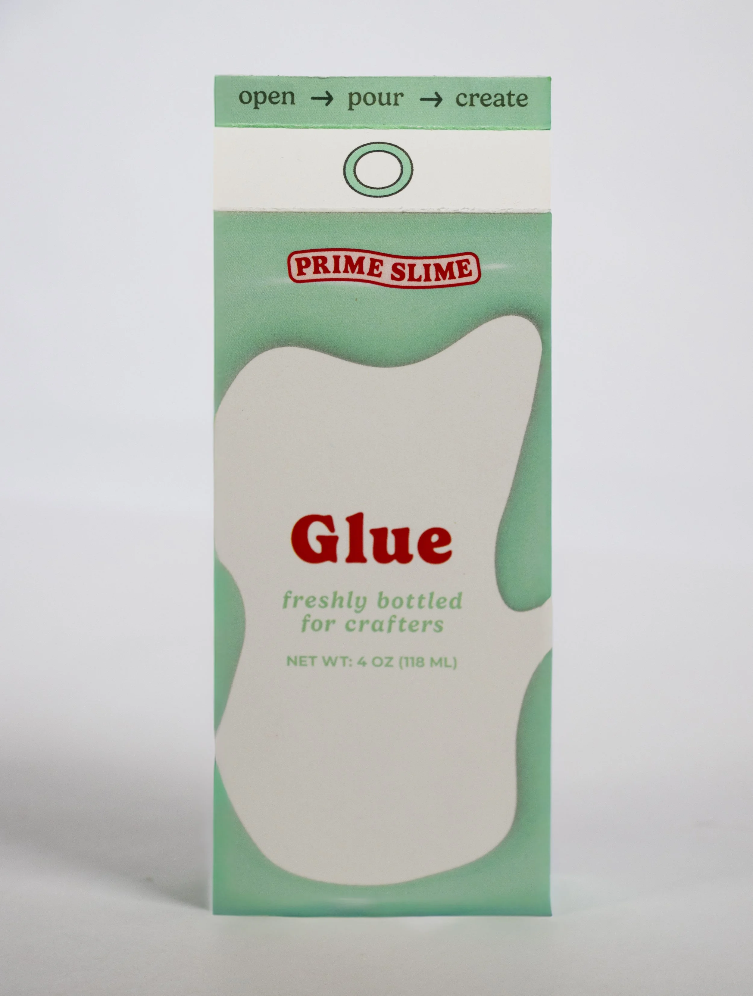 Package of Prime Slime brand white glue, used for crafting, with directions to open, pour, and create.