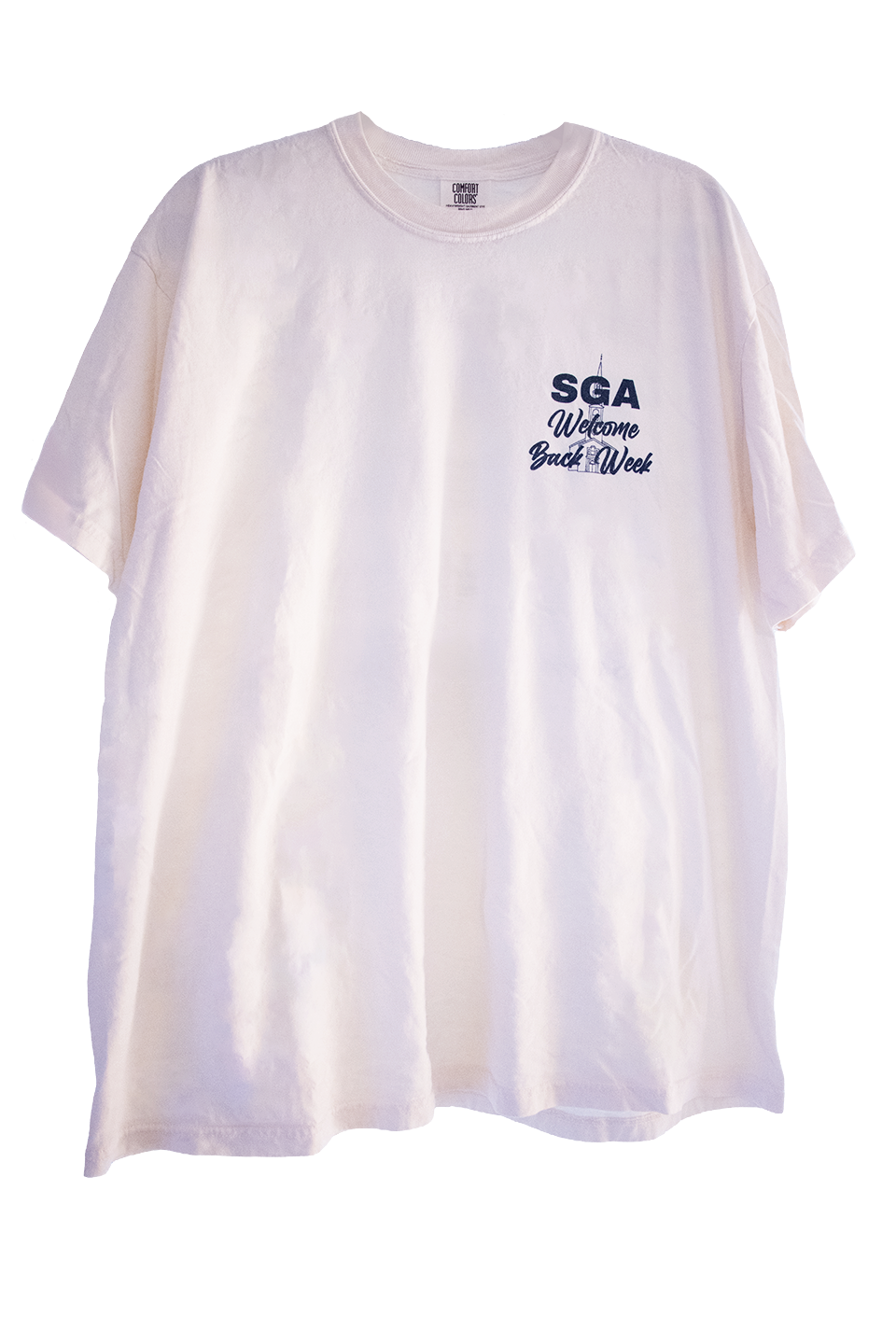 White T-shirt with text 'SGA Welcome Back Week' on the front.