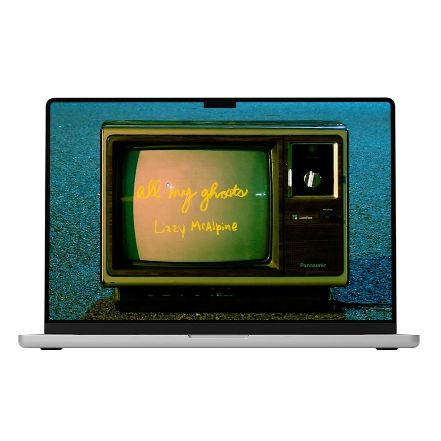 A vintage television displaying the text 'all my ghosts' by Lizzy McAlpine, with a blue textured surface in the background.