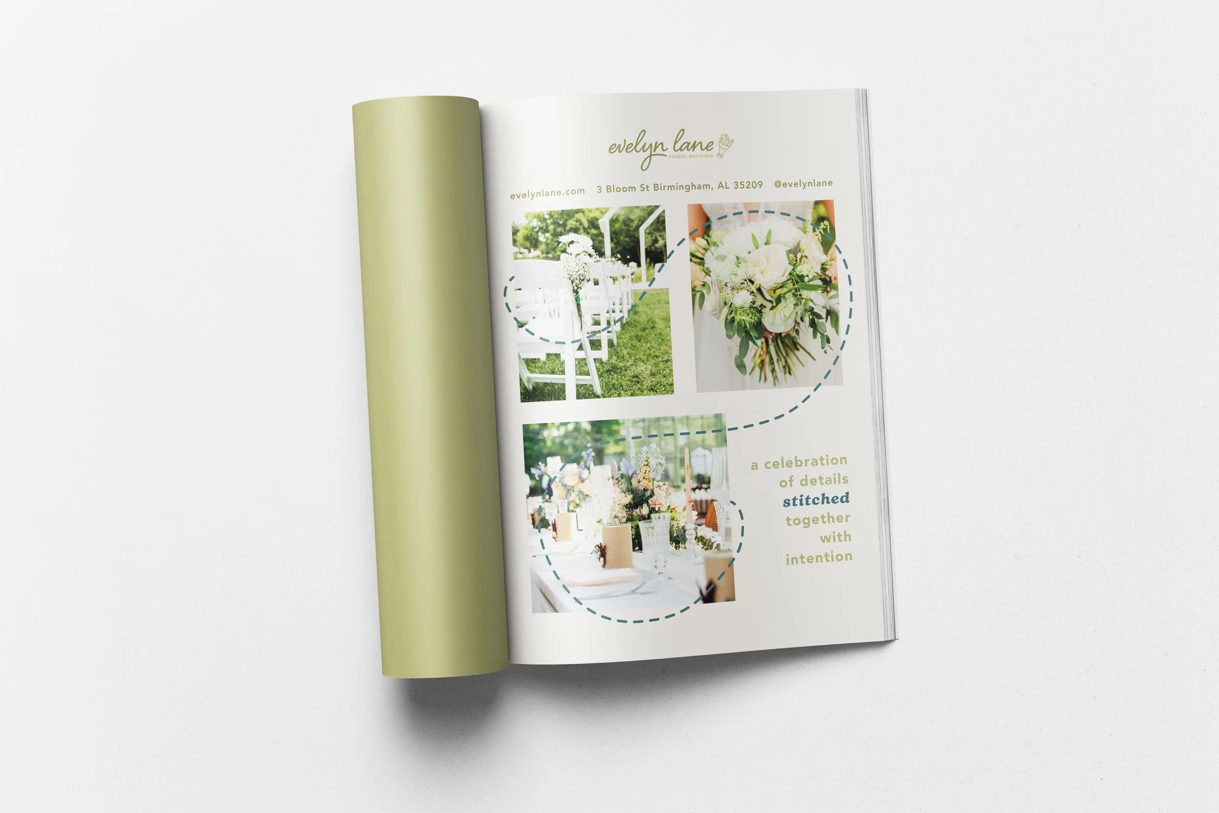Open magazine featuring floral arrangements and table settings for an event, with text about details stitched together with intention.