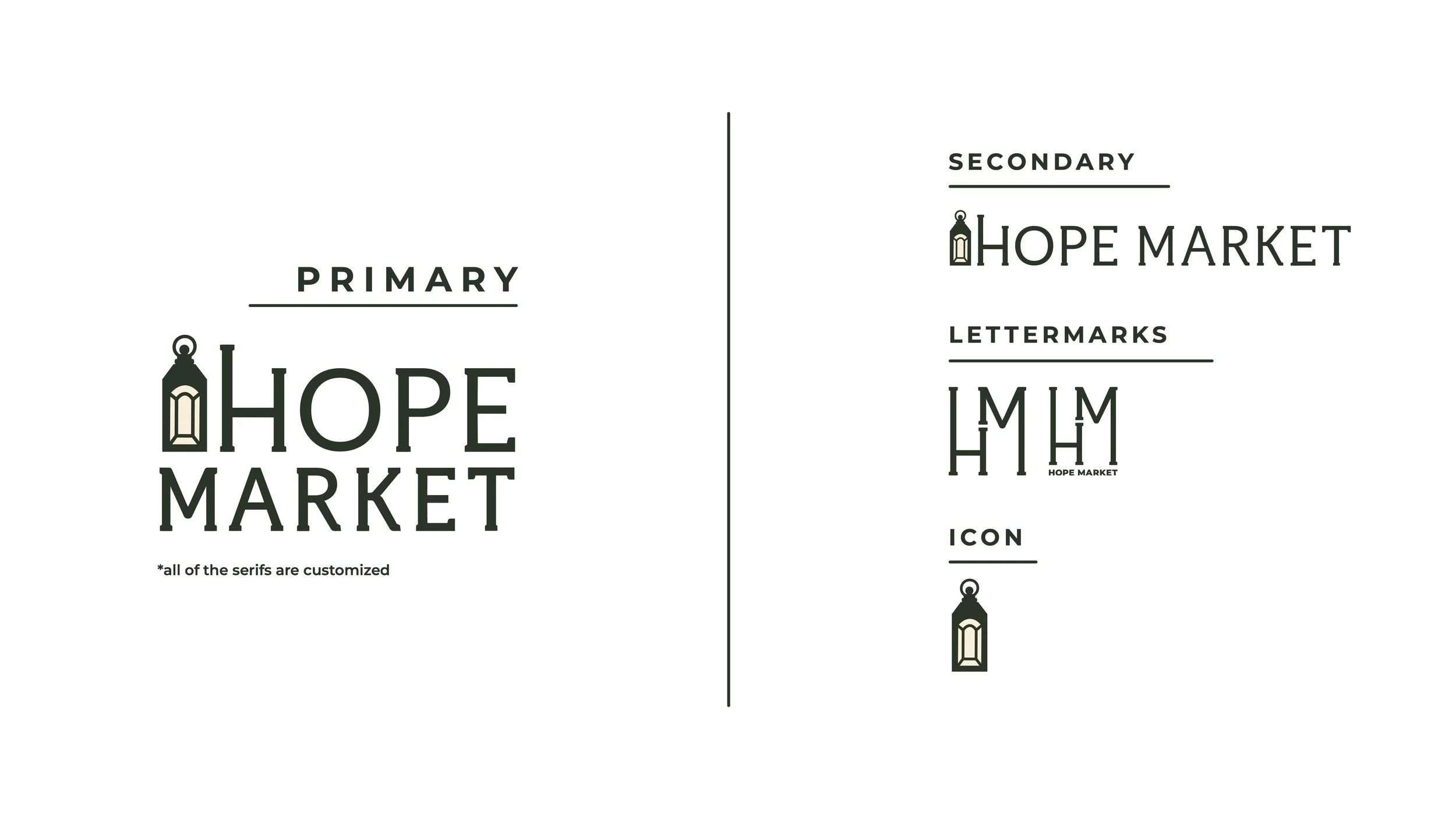 Design guide for Hope Market logo, showing primary and secondary branding variations, lettermarks, and icon, with stylized lantern icon.