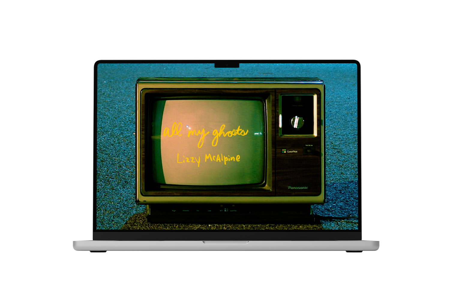 A vintage Panasonic television displaying yellow handwritten text that reads 'all my ghosts' and 'Lizzy McAlpine' on a textured ground. The TV is centered on a black background, with the television screen as the focal point.