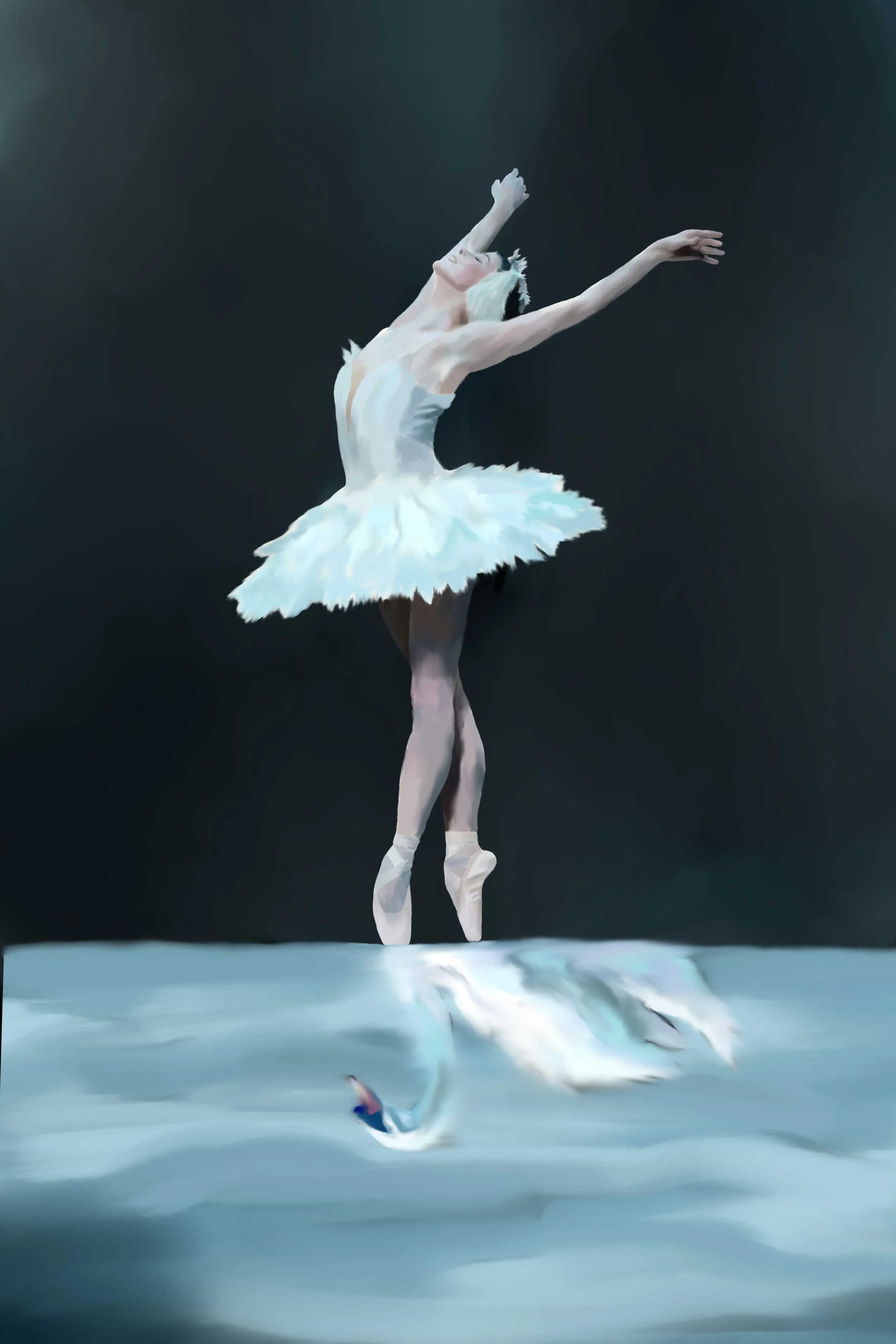 A ballet dancer in a white tutu balancing on her toes with arms extended, reflected on water.