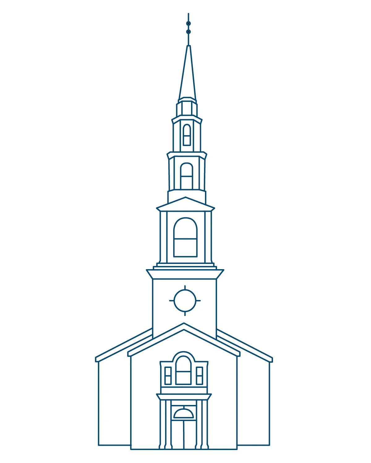 Outline drawing of a church with a tall steeple topped by a lightning rod.