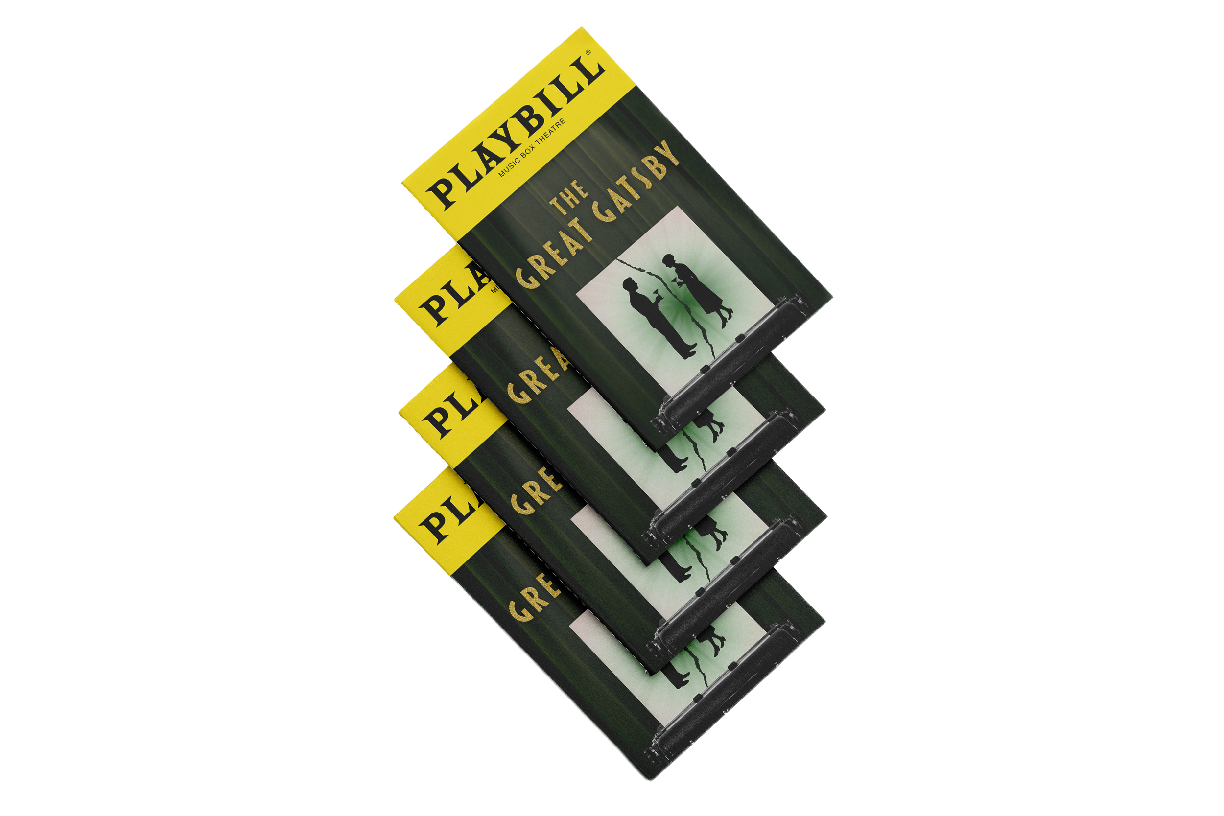Four stacked Playbill programs for the musical The Great Gatsby, with yellow and black covers, featuring silhouettes of two people and a fountain on the front, viewed from a top angle.