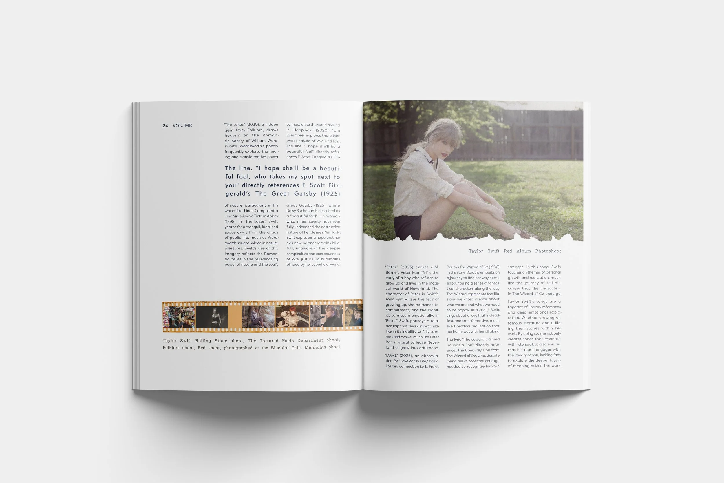 An open magazine displaying an article on the left page with a horizontal film strip of images at the bottom, and on the right page, a photograph of a young woman sitting on grass in a backyard wearing a white sweater and black shorts, with a wooden 